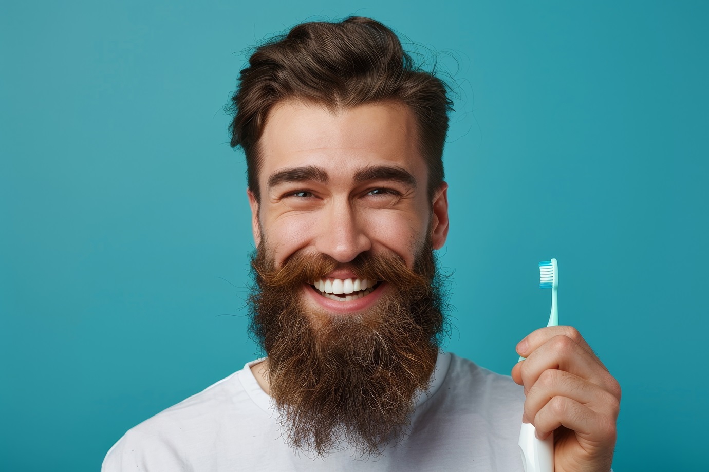 Handsome bearded man with healthy teeth isolated on a blue background